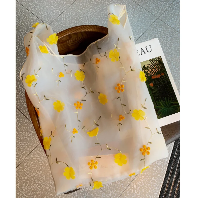 

Ladies Personality Bag New Translucent Mesh Bag Three-dimensional Floral Embroidery Fairy Holiday Beach Portable Shopping Bag GG