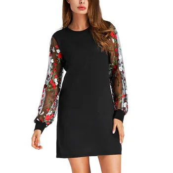 

JAYCOSIN new womens O-Neck Dress Women Autumn and winte Mesh Sleeve Casual Mini Dress Botanical Embroidered Long Sleeve dress 13