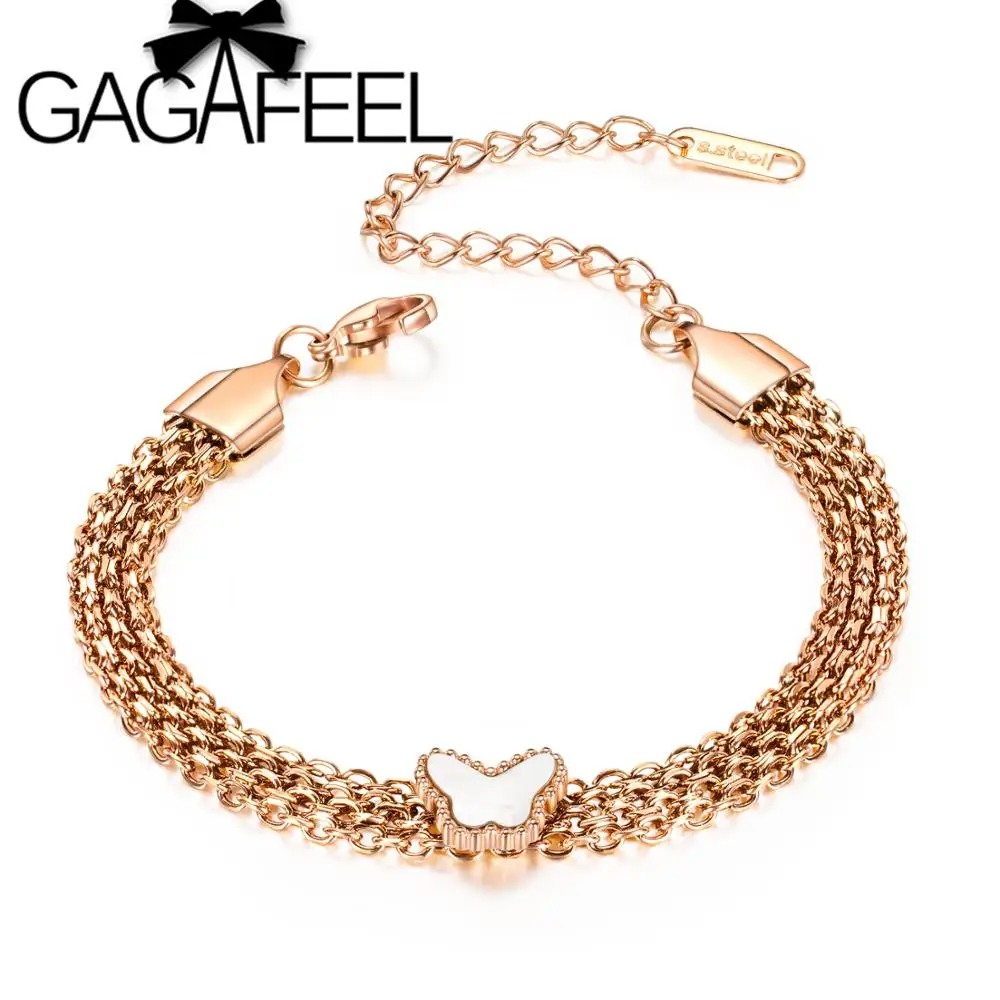 GAGAFEEL, женский браслет-бабочка, многослойный дизайн из нержавеющей стали, браслеты-цепочки, розовое золото, Бабочка, очаровательный браслет