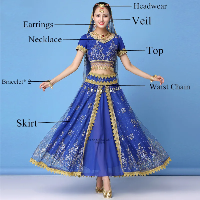 Royal blue 8pcs Индийский Болливуд набор костюма для танца живота танец сари танец живота Болливуд сценическое представление шифон Топ Талия цепь юбка - Цвет: Royal blue 8pcs