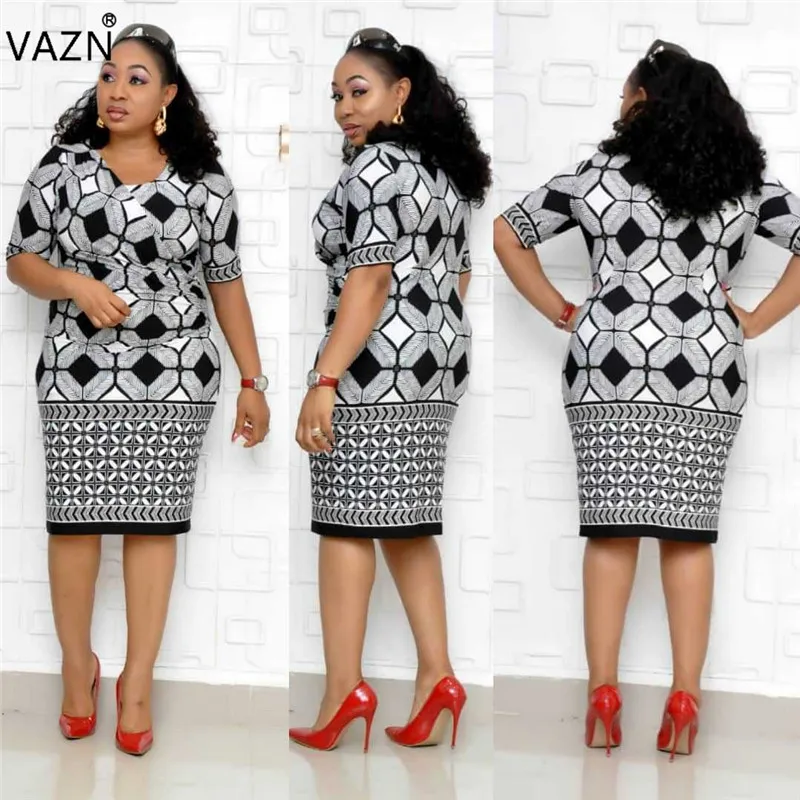 

VAZN XL6035 New Top Quality Office Sexy Vintage Untidy Mature Fashion Half Sleeve Round Neck High Waist Women Pencil Midi Dress