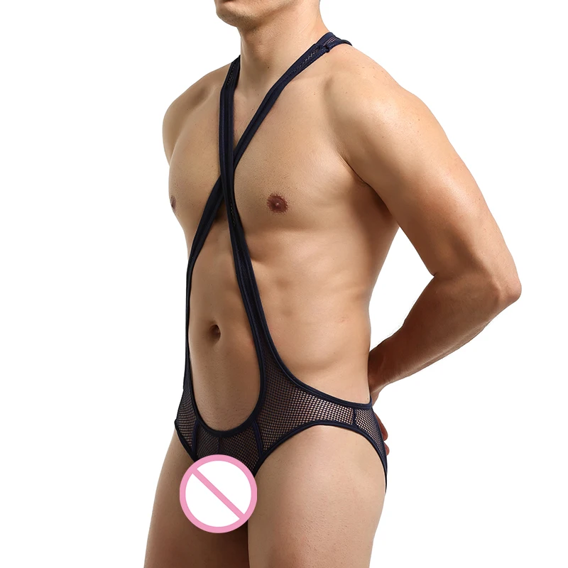 Sexy Mesh Men Undershirts Bodysuits Jockstrap Lingerie Transparent Jumpsuit Wrestling Singlet Underwear Erotic Open Butt Catsuit