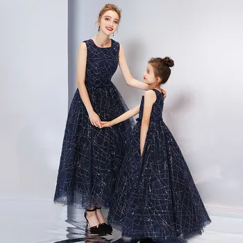 

2020 Parenting Mother Daughter Chinese Wedding Dresses Blue Princess Children Vestido Oriental Evening Dress Qipao Sexy Guzheng