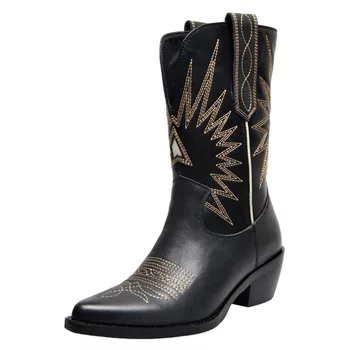 

Mobetty New Genuine Leather Slip-on Mid-calf Women Boots Belt v-tube Flat Westren Matin booties Heel botas feminina Zapatillas