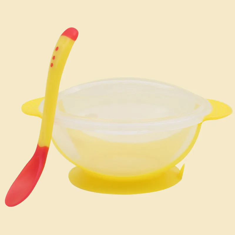 yellow Bowl spoon Набор для кормления детей, миска на присоске, ложка с чувствительным температурным режимом, детская посуда, Обучающие блюда, миска для еды, миска для кормления детей - Цвет: yellow Bowl spoon