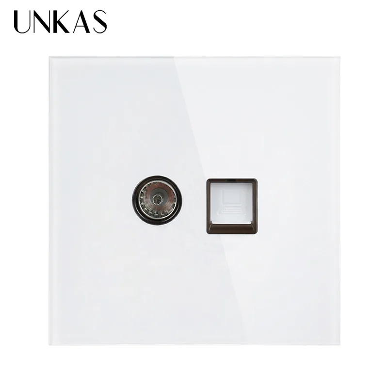 

UNKAS White Luxury Crystal Tempered Glass Panel RJ45 Internet Jack With TV Outlet Wall Data Computer Socket