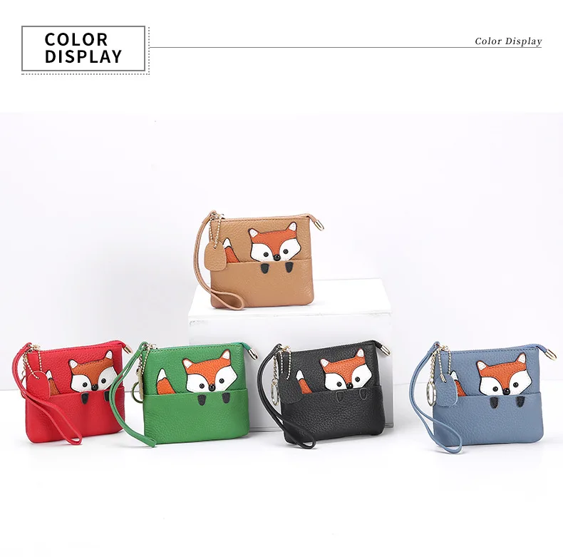 WESTCREEK Brand Fox Pattern Slim Genuine Leather Cute Coin Purse and Card Clip Wrist Small wallet with Key Ring