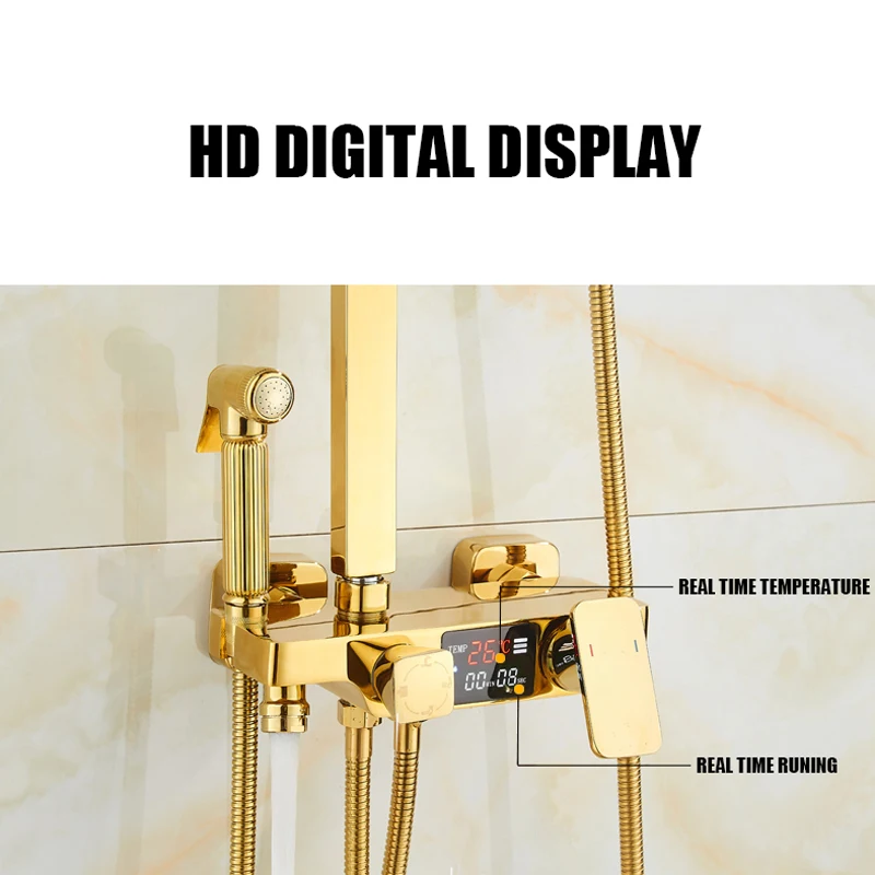 Hot Cold Shower System Bathroom Thermostatic Gold Shower Set Wall Mount SPA Rainfall LED Bath Faucet Square Head Modern Torneira