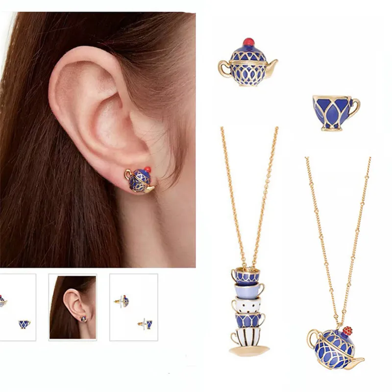 

European and American fashion personality color enamel glaze teapot teacup necklace female long niche sweater chain necklace