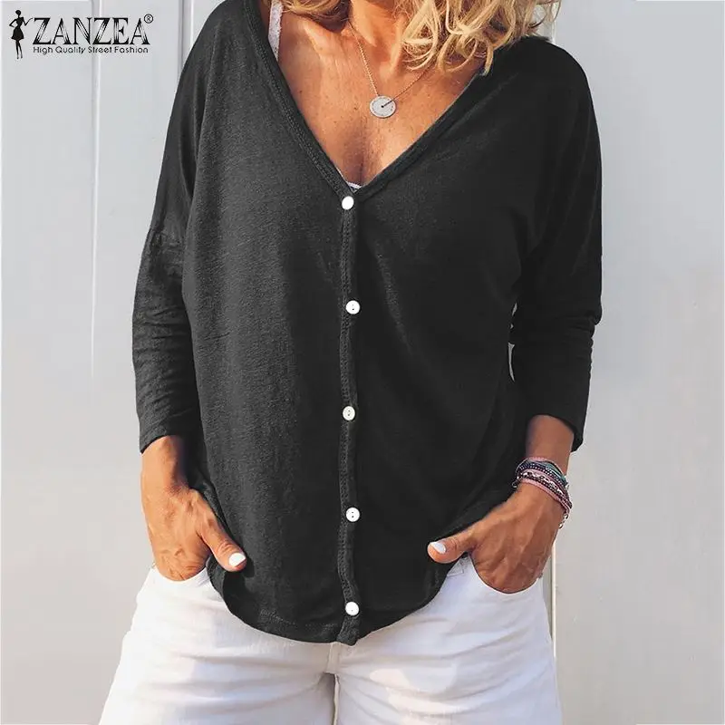 

2019 Plus Size ZANZEA Casual Solid Blouse Autumn Women V Neck Long Sleeve Loose Tunic Tops Elegant Work OL Shirts Femme Blusas
