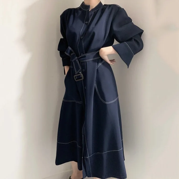 Vintage Elegant Women Maxi Bodycon Dress Fashion Office Lady Solid A Line Trench Dresses Chic Korean Vestidos Autumn