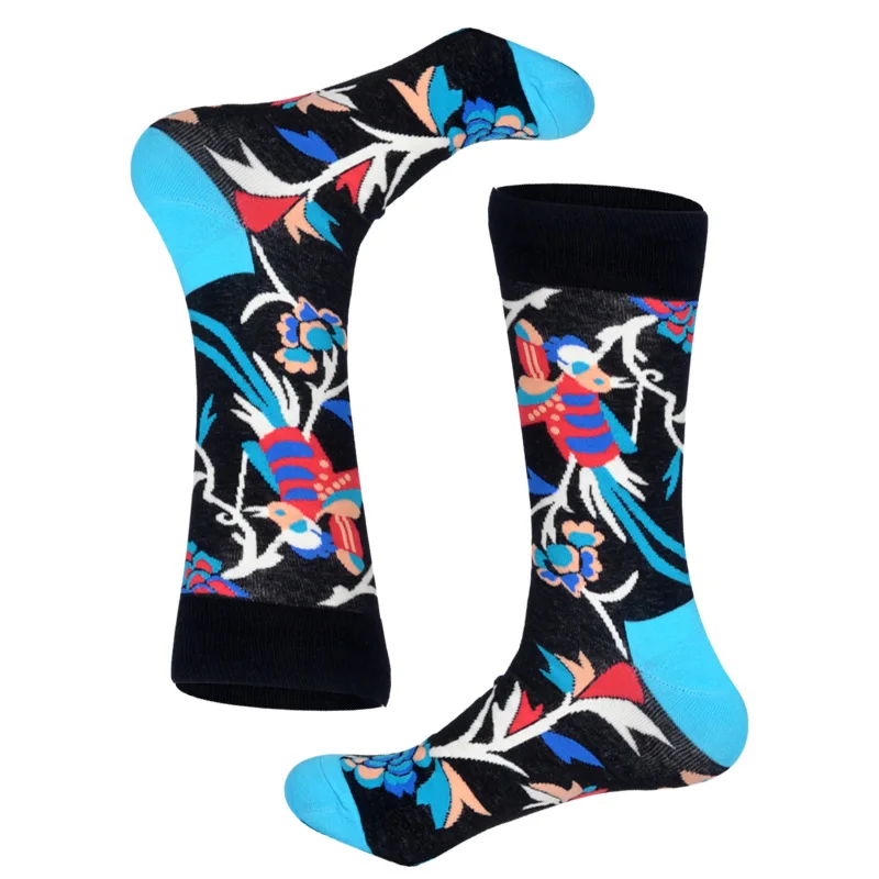 Blue Top Magpie LIONZONE бренд Осенние новые зимние носки мужские модные носки в стиле хип-хоп 28 цветов цветные хлопковые носки с изображением животных и цветов - Цвет: Blue Top Magpie