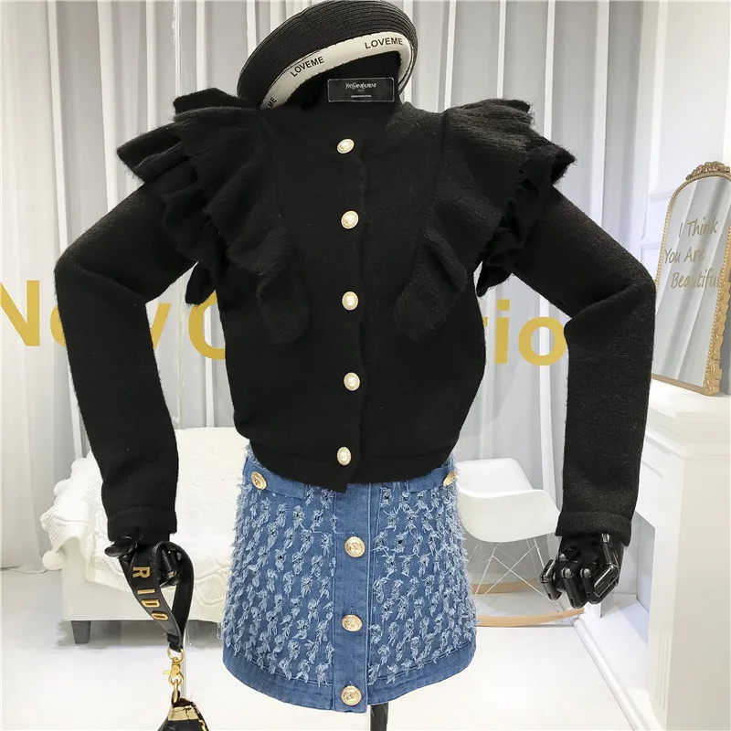 Ruffles  Vintage Women Tops Winter 2020 O-Neck  Single Breasted  Solid Women's Knitted Cardigans Sweaters Ladies white black