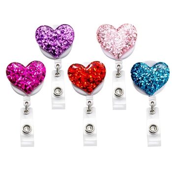 

Bling Popular Love Heart Retractable Badge Holder, ID Nurse Badge Reel with Alligator Swivel Clip, 5 Pack