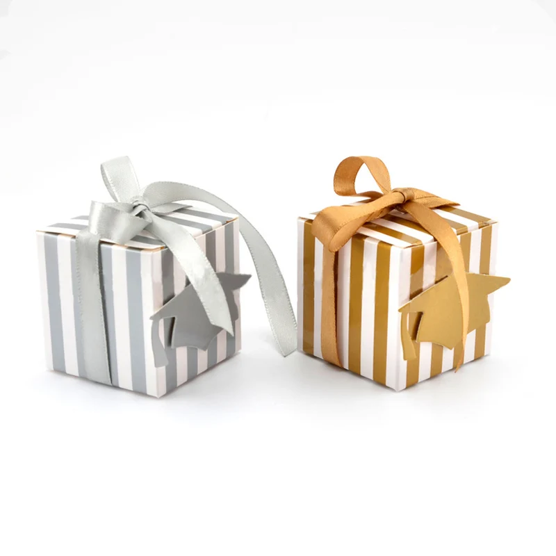 

50pcs Gold Silver Graduation Party Paper Box With Ribbon Bachelor Cap Shape Candy Box Promotion Gift Box Wedding Party Supplies
