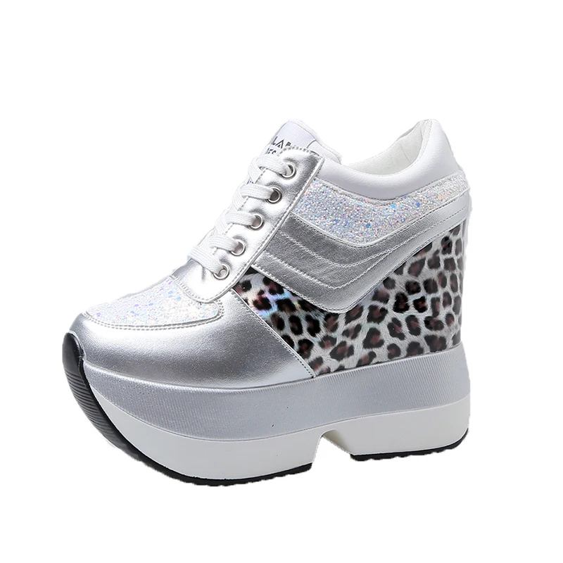 Sneakers Women Leather Height Increasing Bling Sequined Leopard Ladies Shoes Thick Bottom Black Casual Platform Sneakers Female