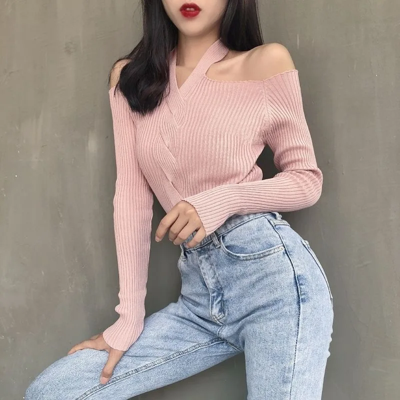 Female knitted Women's Casual Off Shoulder V-neck Blouse Ladies Summer Sexuality long Sleeve halter Crop Tops Short Shirt
