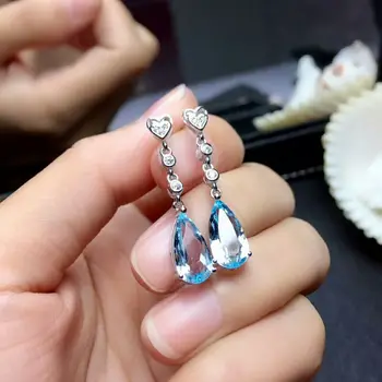 

MeiBaPJ 100% Real 925 Sterling Silver Natural Sky Blue Topaz Simple Heart Drop Earrings Fine Charm Jewelry for Women