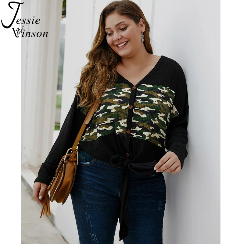 Jessie Vinson Plus Size Shirt Blouse Women Long Sleeve V-neck Camouflage Tie up Knitted Blouses and Tops Casual Loose Autumn | Женская