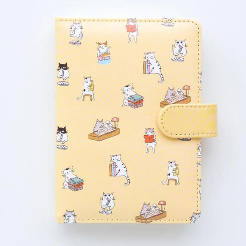 yellow New Cute Cat Notebook Stationery Leather Cover Kids Notebook With Color Paper Binder Diary Gift - Цвет: yellow