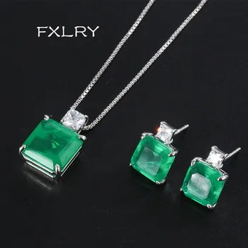 

FXLRY Geometric Jewelry Set green Cubic Zirconia square CZ Pendant Necklace Stud Earrings Bridal Wedding Women