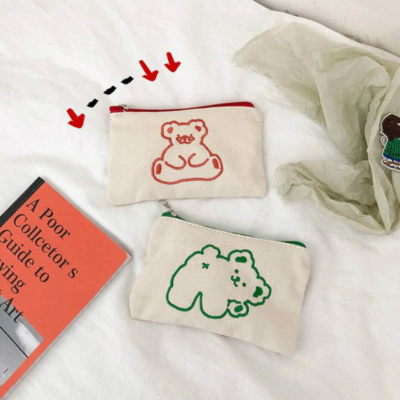 

Simple Embroidery Cartoon Bear Large Pencil Case Cosmetic Bag Kawaii Capacity Pen Bag Canvas Storage Bag School Stationery