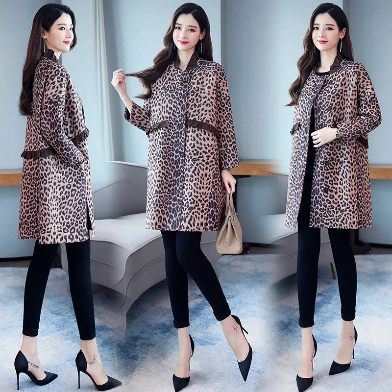 

Leopord Pattern Versatile Korean-style 2019 Autumn Trend Mid-length Elegant Slimming Trench Coat