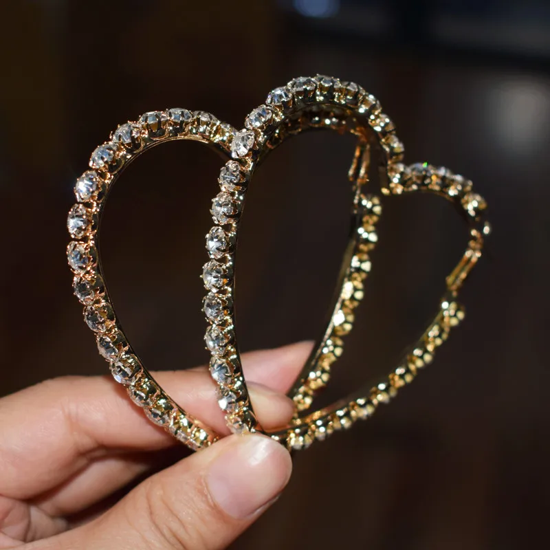 Дизайн, женские модные блестящие стеклянные Кристальные драгоценные камни, серьги-кольца в форме сердца, ювелирные изделия, макси серьги для девушек, аксессуары - Окраска металла: gold