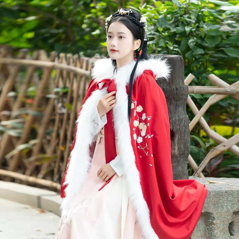 

New Autumn Winter Hanfu Embroidered Cloak Chinese Traditional Ancient Women Daily Hooded Coat Female Cosplay Red Hanfu DQL2179