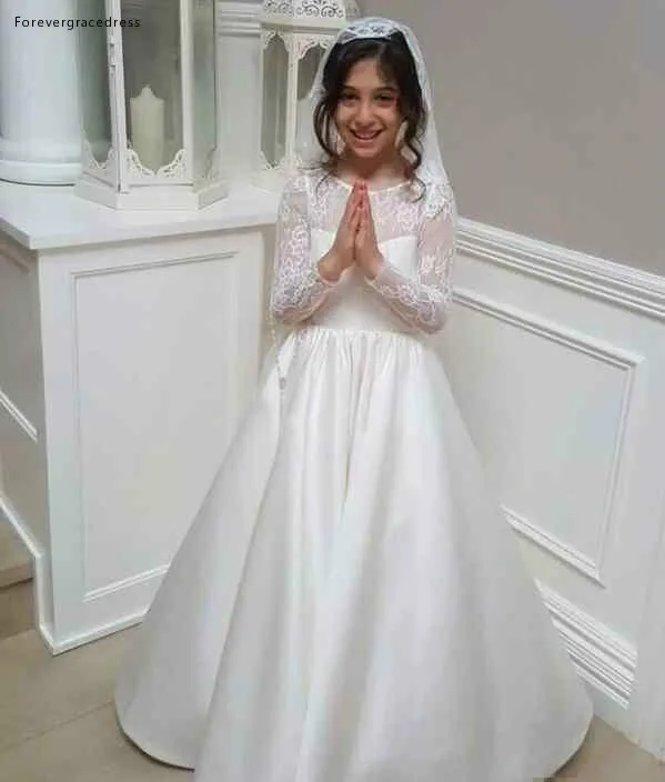 2018 White Lace Satin A-Line Flower Girls Dresses Jewel Illusion Backless Sheer Straps Long Sleeves Floor-Length Kids Formal Wear Dresses  87 (3)