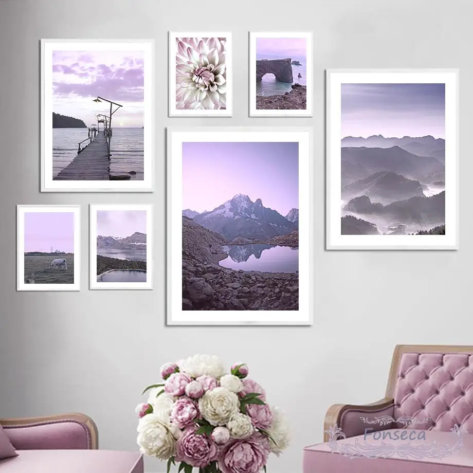 Nordic Purple Nature Scenery Poster E Stampe Mountain Lake Bridge Bovini Flower Canvas Painting Wall Art Pictures Room Decor