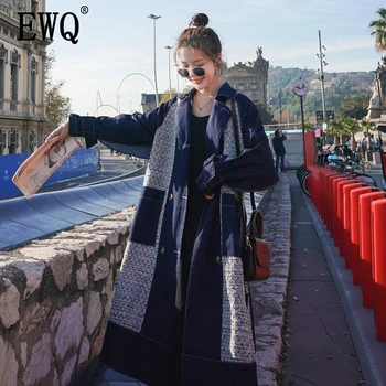 

[EWQ]2020 Autumn Ladies Windbreaker Retro Mid-length Loose Large Size Lapel Single-breasted Stitching Denim Overcoat 3AE139