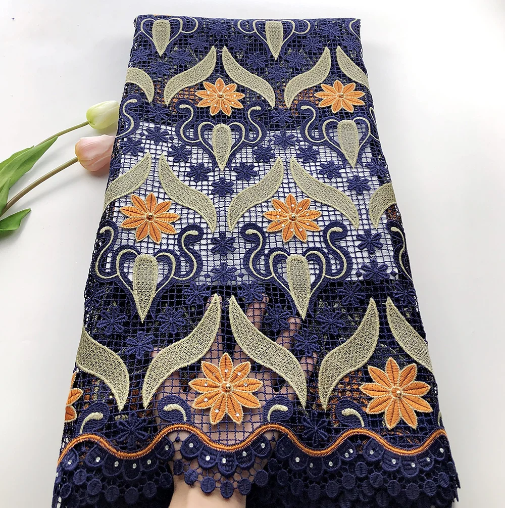 

Most popular Navy blue Nigerian Lace Fabrics High Quality 2019 African Guipure Fabric With Stones For Wedding Dress