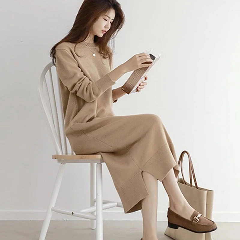 

NEW Autumn Sweater Women Dress Winter Long sleeve Sweater Knitted Dresses Long loose Maxi Oversize Dresses Knitting Robe Vestido