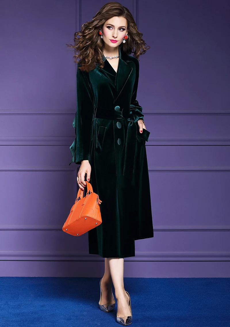 Feimengyi Velvet Trench Coat Women's Winter New Style Fold-down Collar Retro Lace-up Long Sleeve Mid-length Overcoat 21073