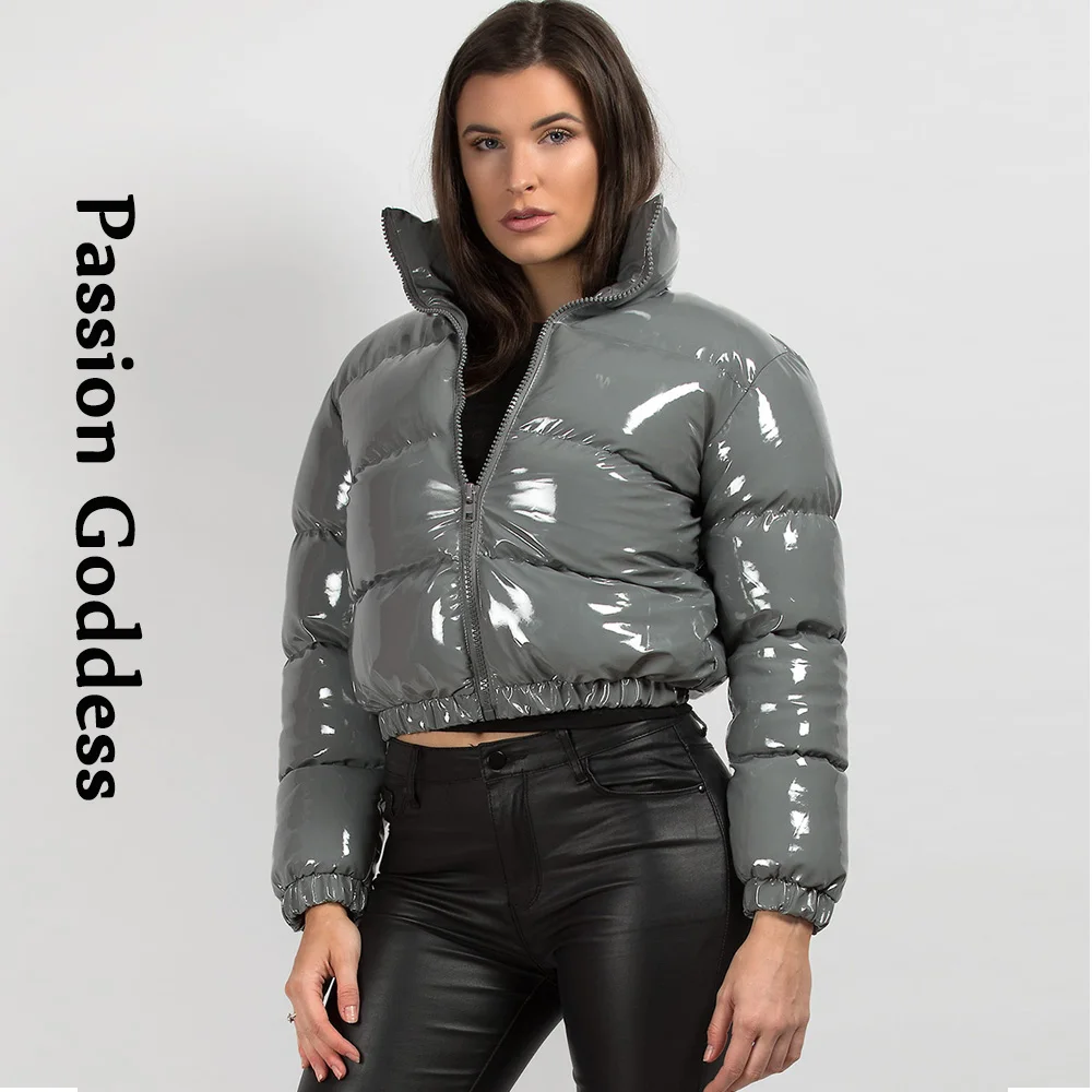 Winter Women Shiny Pu Leather Puffer Jackets Thick Cropped Parkas