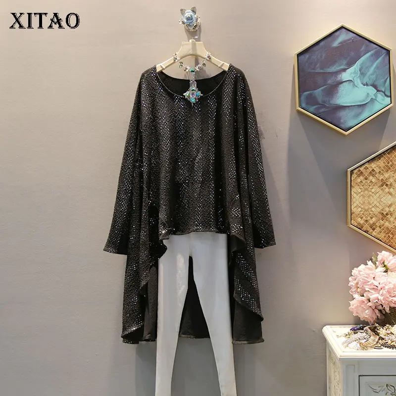 XITAO нерегулярные женские футболки женская одежда 2019 Плиссированные Блестки