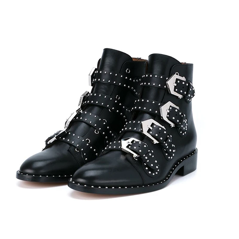 Luxury Brand Silver Buckle Ankle Boots For Women INS Street Style Rivet Women Boots Winter Warm Low Heel Punk Shoes Woman