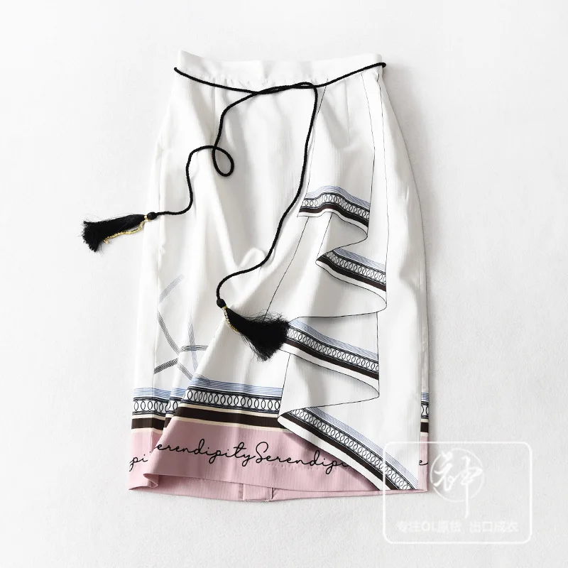 

A Generation of 2019 Summer New Products Elegant Printed Tassels with Drawstring Mid-length Skirt Entity