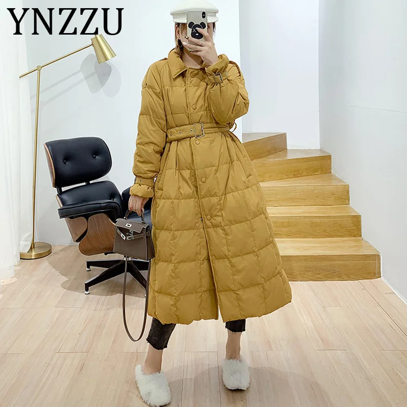 Beste Ynzzu Elegante Lange Stijl 2019 Herfst Winter Vrouwen Donsjack Effen Koreaanse 90% Witte Eendendons Jassen Vrouwelijke Geul jas A1160