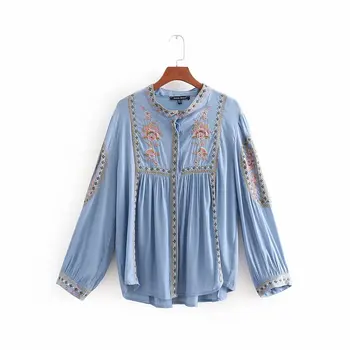 

2018 women vintage stand collar totem floral embroidery pleats casual kimono blouse shirt women femininas blusas tops LS2514