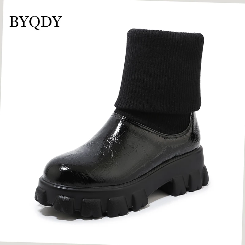 BYQDY Plus Size 46 Trendy PU Leather Mid Calf Boots Round Toe Footwear Thick Heels Lady Boots Outdoor Autumn Winter Short Boots