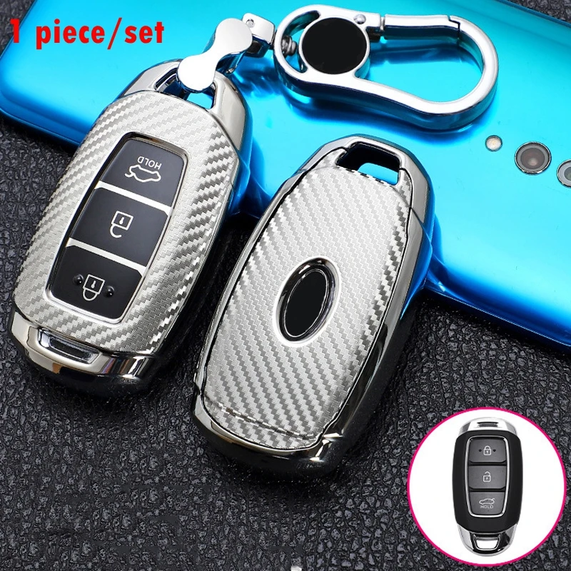 

High Quality TPU Material Carbon Fiber Pattern Car Key Protective Cover Fashionable Metal Keychain Suitable for Hyundai Ix35