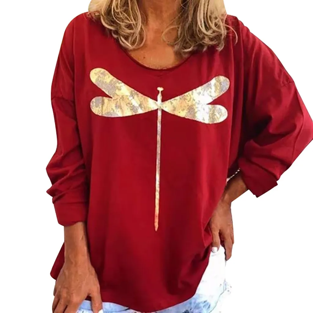 Poleras mujer de moda camiseta mujer Футболка женская Повседневная Свободная Длинная толстовка с v-образным вырезом и рукавом с принтом Топы camisa feminina