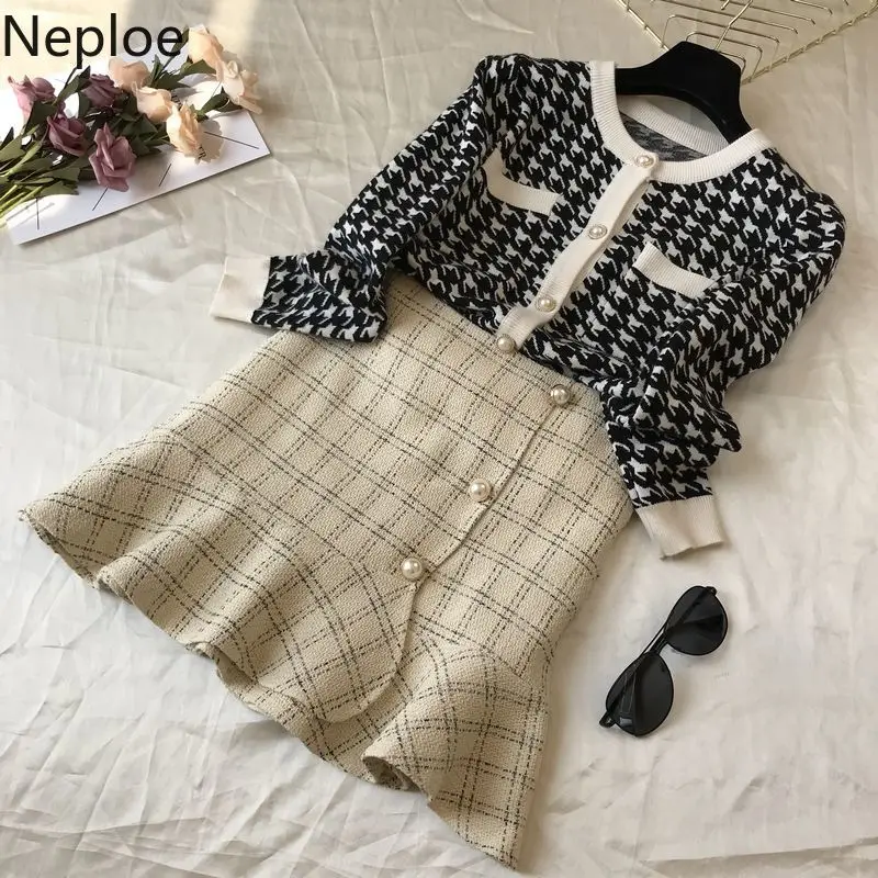 Neploe/осенне-зимняя элегантная юбка с оборками Jupe Femme, облегающая юбка-годе для женщин, небольшой аромат, высокая талия, плед, Faldas Mujer 46545