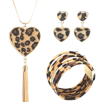 

3 Piece Leopard Print Jewelry Set Y Necklace Pendant Tassel Earring Bracelet Necklace Three-Piece Fashion Leopard Jewelry Set
