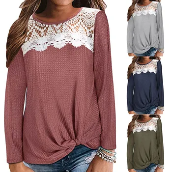 

2019 Autumn Women's Casual Lace Patchwork Hollow Out Waffle Twisted Long-sleeved T-shirt Top Plus Size