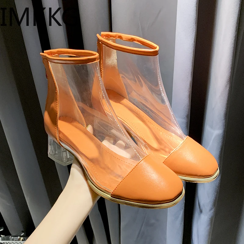 Обувь женские прозрачные ботильоны короткие ботинки на молнии с круглым носком