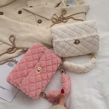 

Elegant Female Plaid Tote bag 2020 Winter New High Quality Soft Plush Women's Designer Handbag Lock Chain Shoulder Messenger Bag