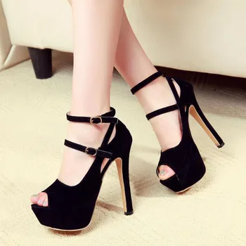 

NEW 2019 Pumps shoes Women Super high heel 14CM stiletto sandals summer sexy OL nightclub cross straps suede fish mouth shoes
